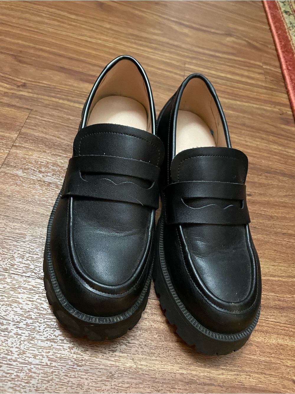 Women's Black Leather Penny Loafers - Lug Sole, Slip-On Dress Shoes